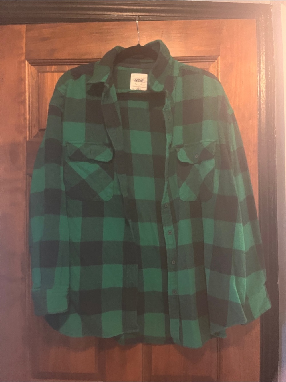 aerie Black & Green Plaid Flannel Shirt